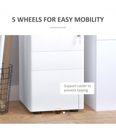 3 Drawer Metal Filing Cabinet Lockable 4 Wheels Compact Under Desk White