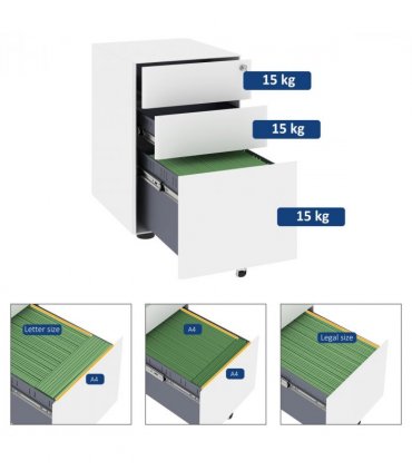 3 Drawer Metal Filing Cabinet Lockable 4 Wheels Compact Under Desk White