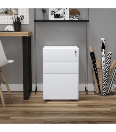 3 Drawer Metal Filing Cabinet Lockable 4 Wheels Compact Under Desk White