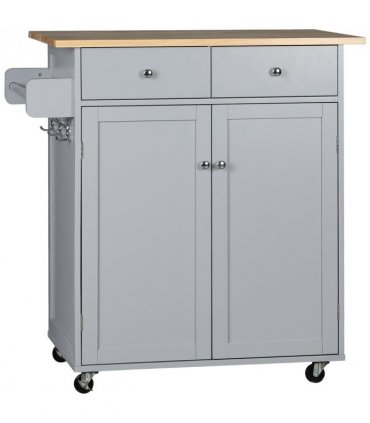 Rolling Kitchen Cart with Rubber Wood Top, Towel Rack, Hooks and Drawers Grey