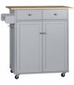 Rolling Kitchen Cart with Rubber Wood Top, Towel Rack, Hooks and Drawers Grey