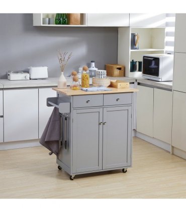 Rolling Kitchen Cart with Rubber Wood Top, Towel Rack, Hooks and Drawers Grey