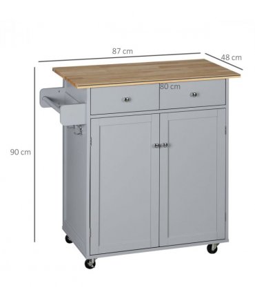 Rolling Kitchen Cart with Rubber Wood Top, Towel Rack, Hooks and Drawers Grey