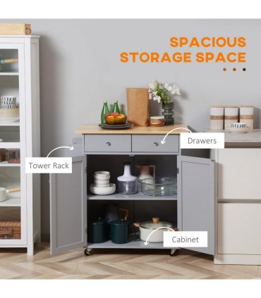 Rolling Kitchen Cart with Rubber Wood Top, Towel Rack, Hooks and Drawers Grey