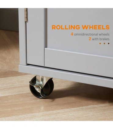 Rolling Kitchen Cart with Rubber Wood Top, Towel Rack, Hooks and Drawers Grey