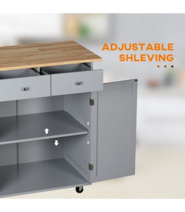 Rolling Kitchen Cart with Rubber Wood Top, Towel Rack, Hooks and Drawers Grey