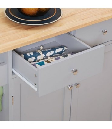 Rolling Kitchen Cart with Rubber Wood Top, Towel Rack, Hooks and Drawers Grey