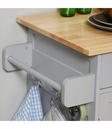 Rolling Kitchen Cart with Rubber Wood Top, Towel Rack, Hooks and Drawers Grey