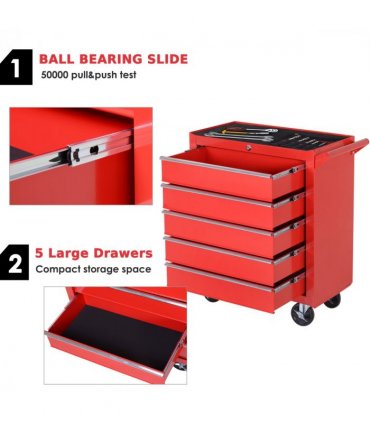 Roller Tool Cabinet Storage Box 5 Drawers Wheels Caster Garage Workshop Red