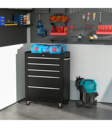 5-Drawer Lockable Steel Tool Storage Cabinet w/ Wheels Handle 2 Keys Black