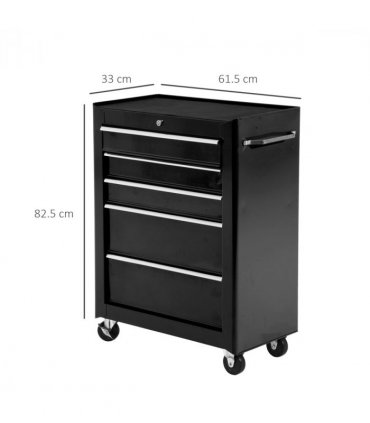 5-Drawer Lockable Steel Tool Storage Cabinet w/ Wheels Handle 2 Keys Black