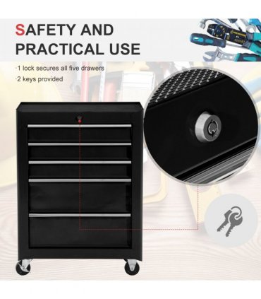5-Drawer Lockable Steel Tool Storage Cabinet w/ Wheels Handle 2 Keys Black
