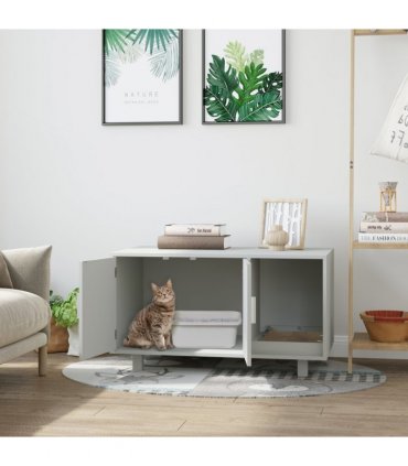 Indoor Feline Cat Box Furniture Kitty Table w/ Scratch & Magnetic Doors, Grey