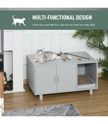 Indoor Feline Cat Box Furniture Kitty Table w/ Scratch & Magnetic Doors, Grey