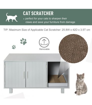 Indoor Feline Cat Box Furniture Kitty Table w/ Scratch & Magnetic Doors, Grey