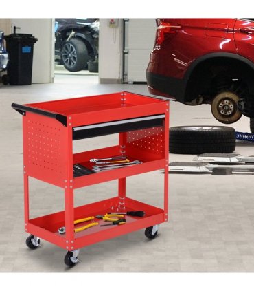 3-tier Tool Trolley Cart Roller Cabinet Storage Box Lockable Casters Red