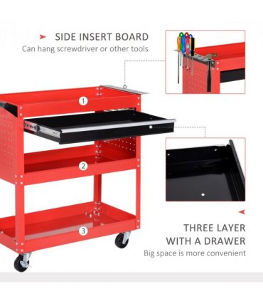 3-tier Tool Trolley Cart Roller Cabinet Storage Box Lockable Casters Red