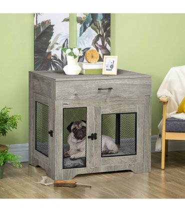 Dog Kennel Furniture Grey Particle Board 75H x 80W x 58Dcm Double-Door Crate