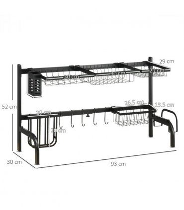 Dish Drying Rack Black 93L x 30W x 52Hcm Space Saving Over The Sink 2 Tier