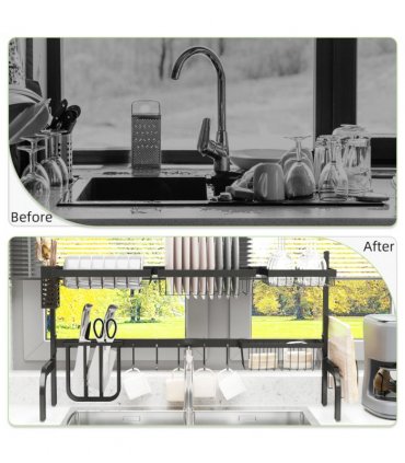 Dish Drying Rack Black 93L x 30W x 52Hcm Space Saving Over The Sink 2 Tier