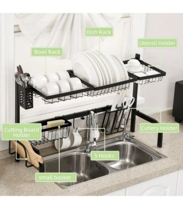 Dish Drying Rack Black 93L x 30W x 52Hcm Space Saving Over The Sink 2 Tier