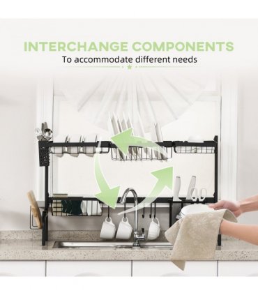 Dish Drying Rack Black 93L x 30W x 52Hcm Space Saving Over The Sink 2 Tier