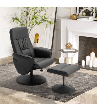 2 Pcs Reclining Armchair Ottoman 360 Swivel Home Furniture PU Leather Black