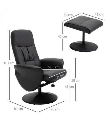 2 Pcs Reclining Armchair Ottoman 360 Swivel Home Furniture PU Leather Black