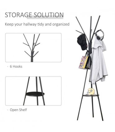 Coat Rack Metal Black 180cm Free Standing Shelf Holder Stand Display Clothes Hat