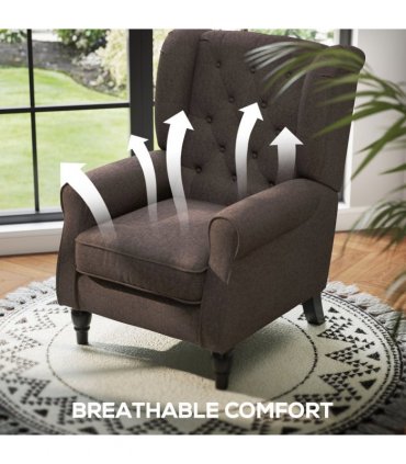 Retro Accent Chair Wingback Armchair with Wood Frame for Living Room Brown