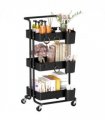 3-Tier Utility Cart, Serving Trolley with Mesh Baskets Removable Boxes, Black
