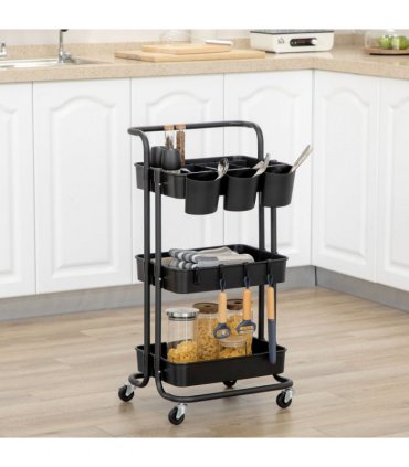 3-Tier Utility Cart, Serving Trolley with Mesh Baskets Removable Boxes, Black