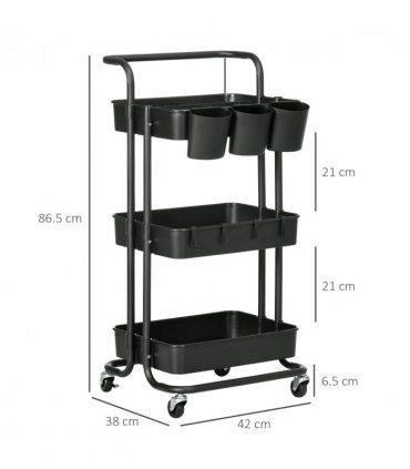 3-Tier Utility Cart, Serving Trolley with Mesh Baskets Removable Boxes, Black