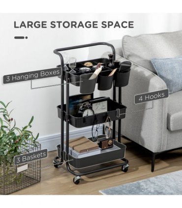 3-Tier Utility Cart, Serving Trolley with Mesh Baskets Removable Boxes, Black