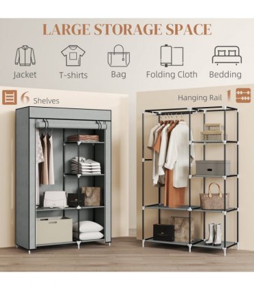 Fabric Wardrobe Portable Wardrobe with 6 Shelves 1 Hanging Rail Light Grey