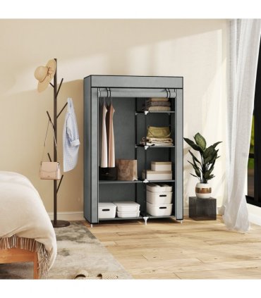 Fabric Wardrobe Portable Wardrobe with 6 Shelves 1 Hanging Rail Light Grey