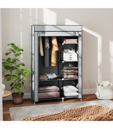 Fabric Wardrobe Portable Wardrobe with 6 Shelves 1 Hanging Rail Light Grey