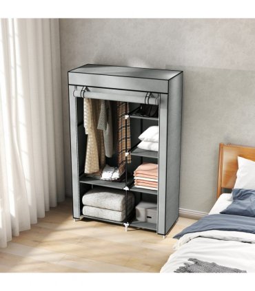 Fabric Wardrobe Portable Wardrobe with 6 Shelves 1 Hanging Rail Light Grey