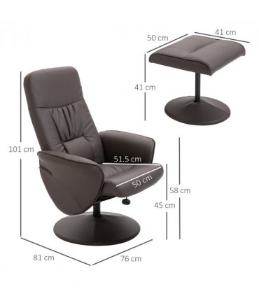 Armchair ottoman set 2 Pcs Reclining PU Leather Brown 105H x 81W x 81Dcm