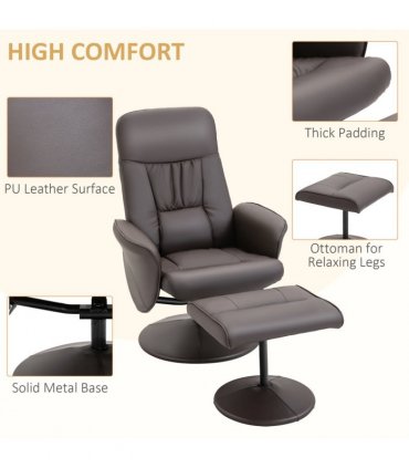 Armchair ottoman set 2 Pcs Reclining PU Leather Brown 105H x 81W x 81Dcm