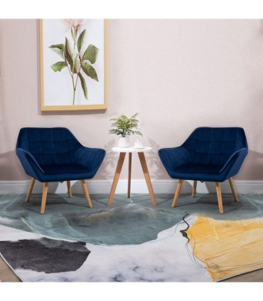 Luxe Velvet-Feel Accent Chair w/ Wide Arms Slanted Back Padding Wood Legs Blue