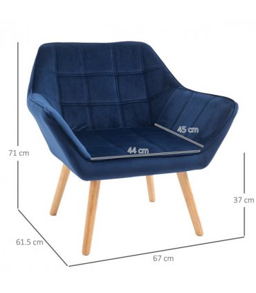 Luxe Velvet-Feel Accent Chair w/ Wide Arms Slanted Back Padding Wood Legs Blue