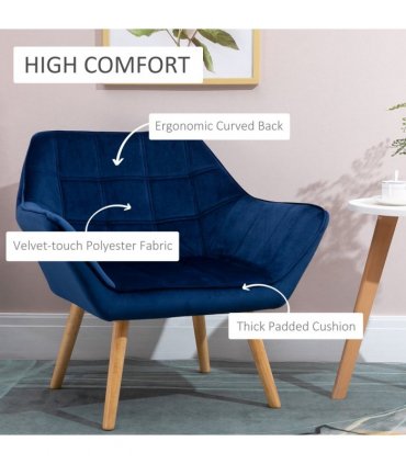 Luxe Velvet-Feel Accent Chair w/ Wide Arms Slanted Back Padding Wood Legs Blue