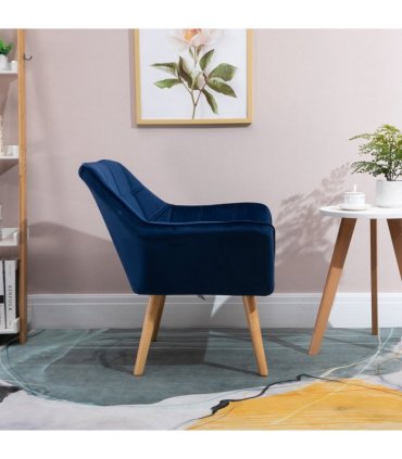 Luxe Velvet-Feel Accent Chair w/ Wide Arms Slanted Back Padding Wood Legs Blue