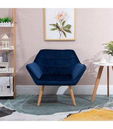 Luxe Velvet-Feel Accent Chair w/ Wide Arms Slanted Back Padding Wood Legs Blue