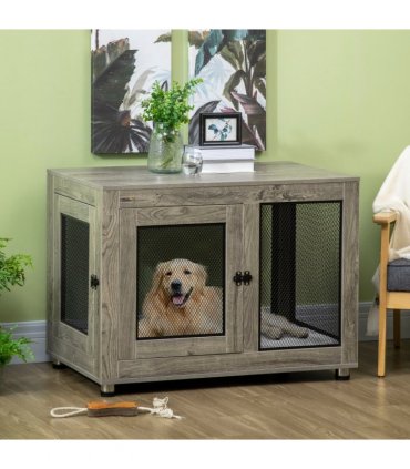 Dog Kennel Furniture End Table w/ Two Doors, Soft Cushion for Large Medium Dogs