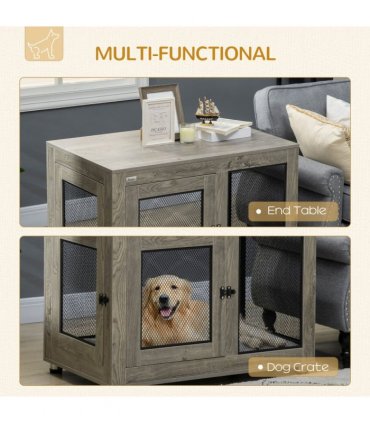 Dog Kennel Furniture End Table w/ Two Doors, Soft Cushion for Large Medium Dogs