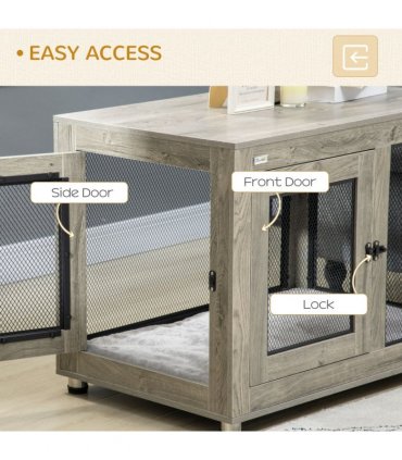 Dog Kennel Furniture End Table w/ Two Doors, Soft Cushion for Large Medium Dogs