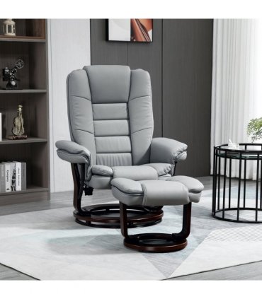 Swivel Manual Recliner and Footrest Set PU Lounge Chair Wood Base, Grey