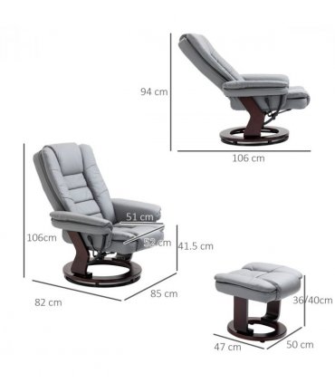 Swivel Manual Recliner and Footrest Set PU Lounge Chair Wood Base, Grey